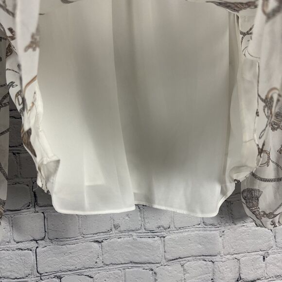 White House Black Market Cream Chain Print Long Sleeve Chiffon Blouse Women's L - Picture 8 of 13